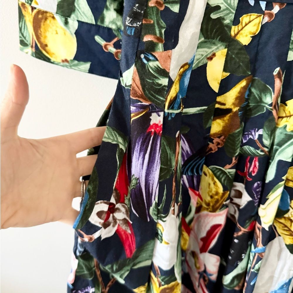 SAMANTHA SUNG Button Front Shirt Dress with Pleated Skirt in Navy Botanical - 8 - Picture 7 of 7